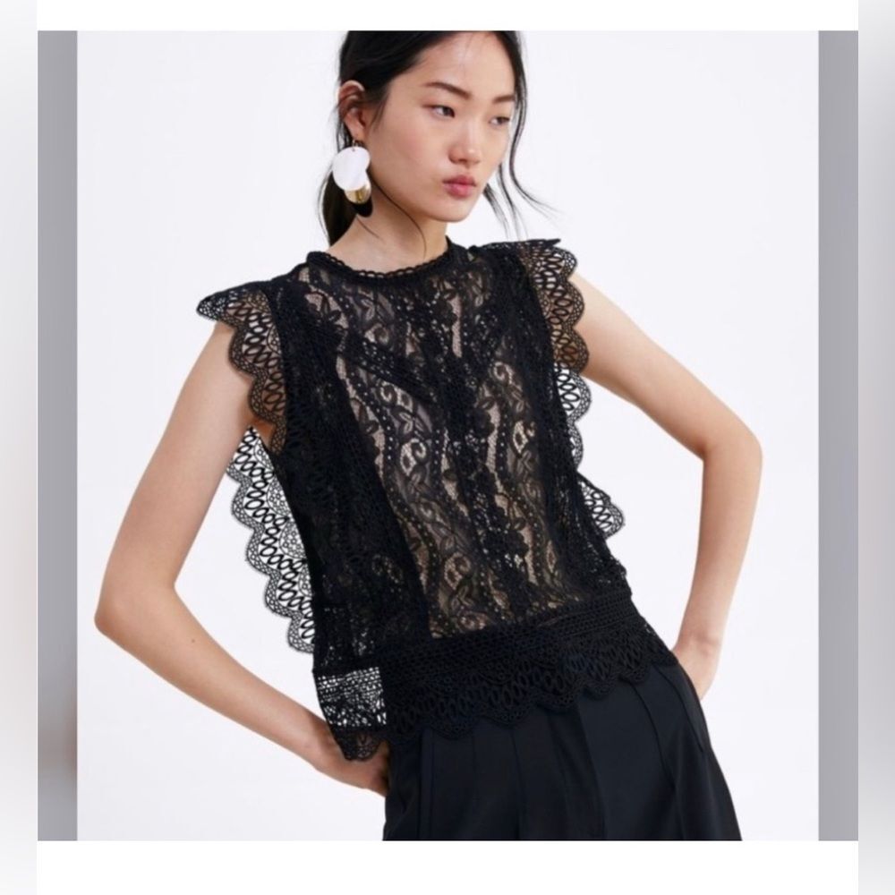 Zara Black Lace Crochet Top Sz XS
